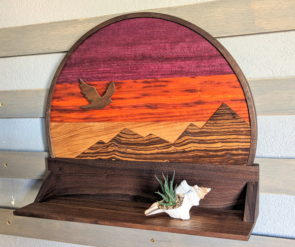 Hardwood Shelf with Mountain Skyline Backdrop