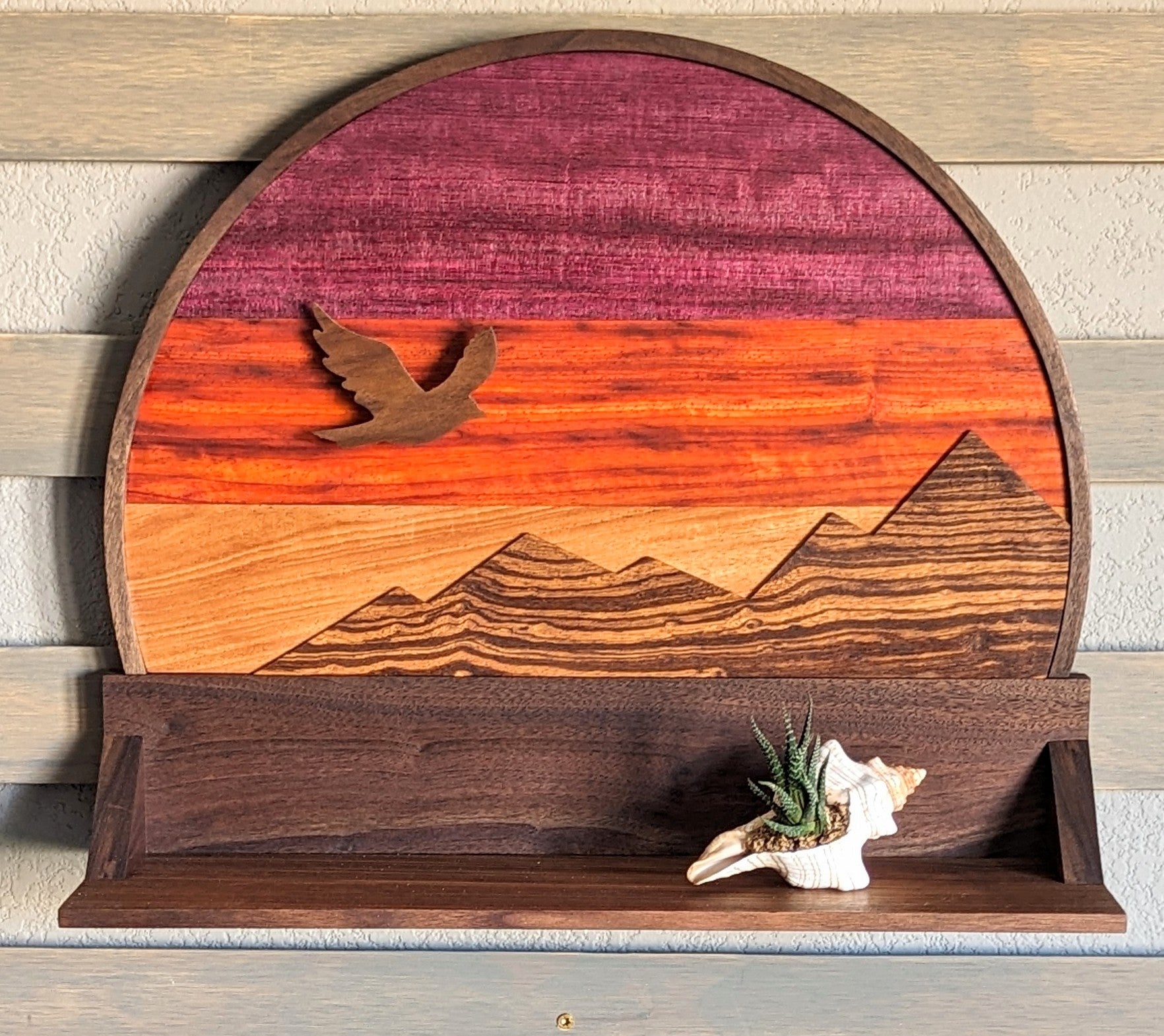Hardwood Shelf with Mountain Skyline Backdrop