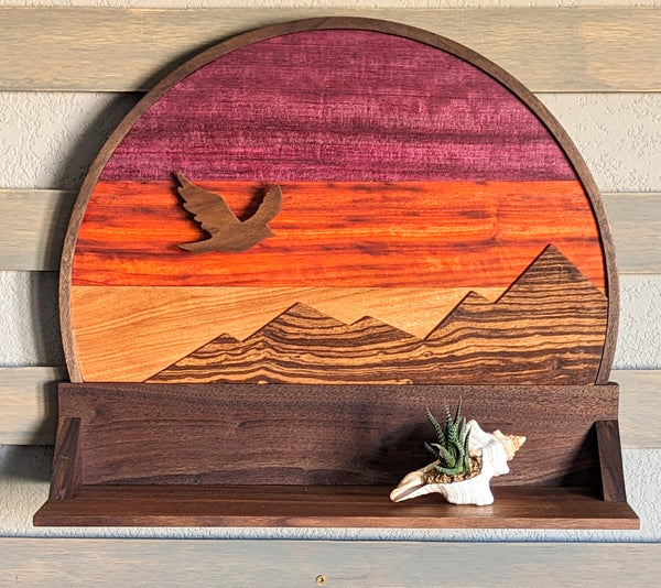 Hardwood Shelf with Mountain Skyline Backdrop