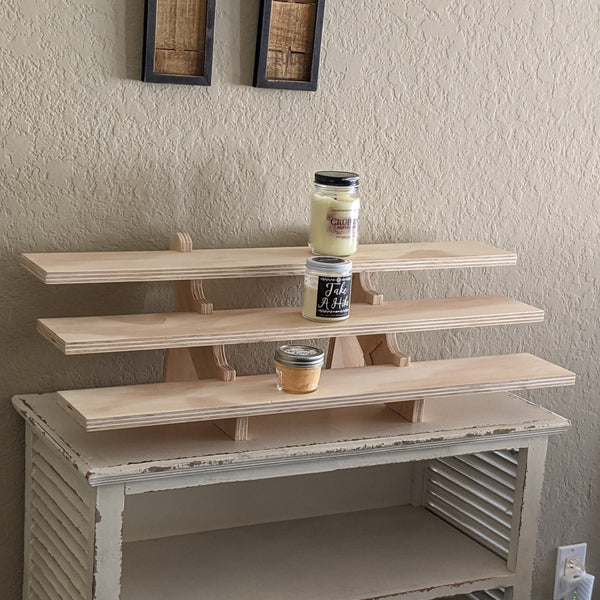 Triple Tiered Shelf Display with Plywood Edge