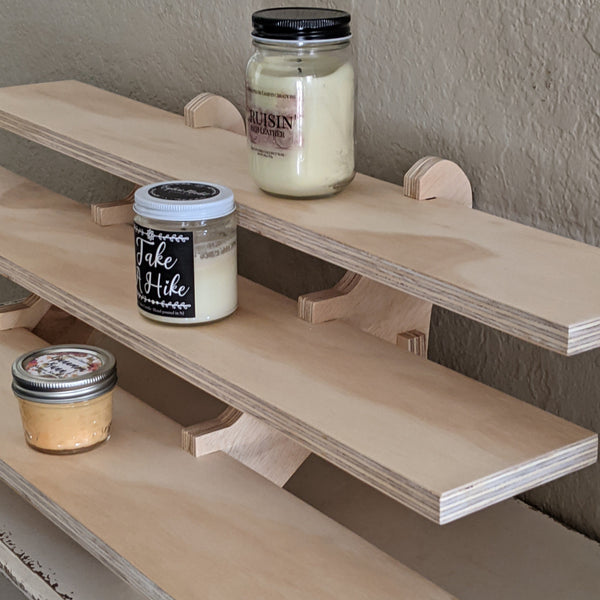 Triple Tiered Shelf Display with Plywood Edge